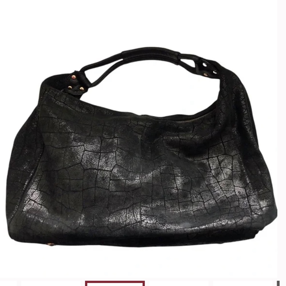 Lola Bernard Modena Black Metallic Croc Embossed Leather Hobo EUC